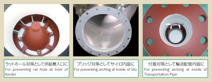 <br />
Sliding Coat SD-2 Application<br />
- For preventing rat hole at Inlet of feeder<br />
- For preventing arching at inside of Silo<br />
- For preventing arching at inside of Transportation Pipe<br />
